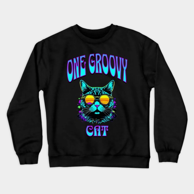 One Groovy Cat - Retro 70s Kitty Crewneck Sweatshirt by 5 Points Designs